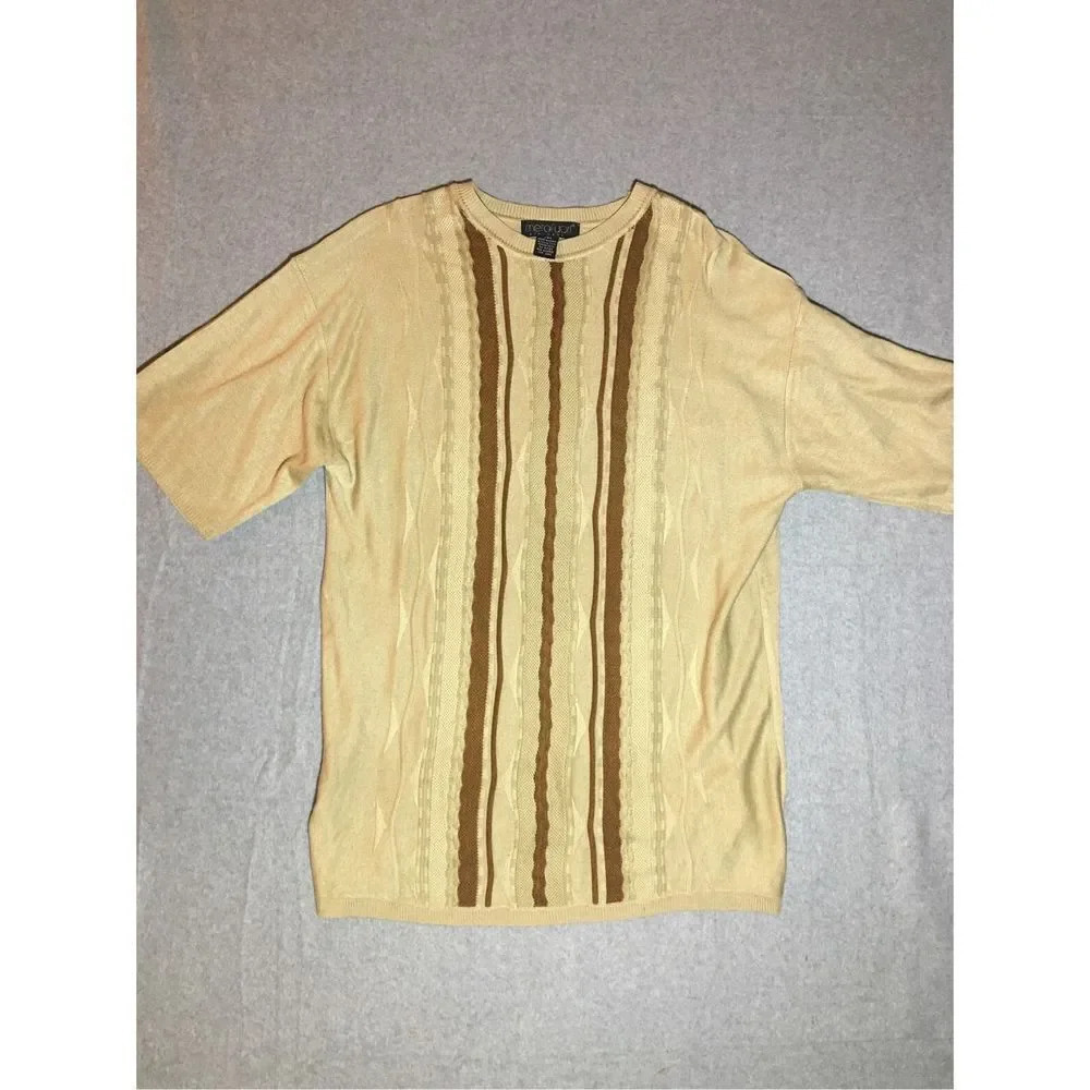 Mens Metofuori Shirt Size 2XL Acrylic Blend Brown Stripes Textured T Shirt